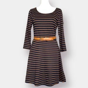 Lily Rose Navy Tan Striped  Scoop V Neck Belted Dress Size M